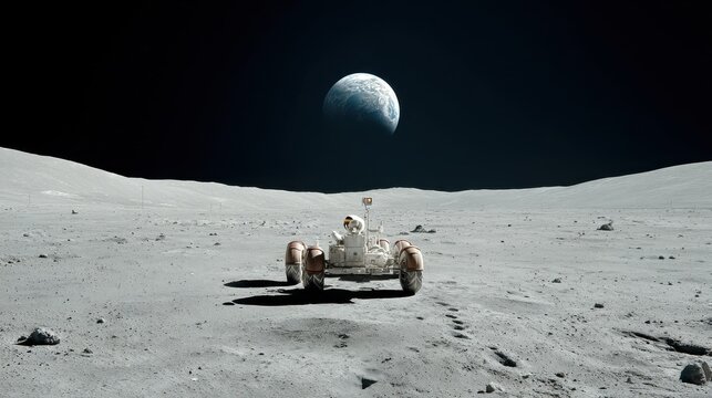 Lunar rover on moon surface with Earth in background and empty landscape, ideal for Moon Landing Anniversary visuals, poster design and futuristic mission storytelling