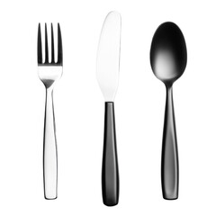 Silver fork knife and black spoon isolated on black background