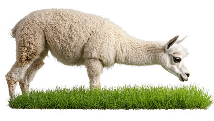 PNG of A fluffy white llama grazing on vibrant green grass in a serene setting.