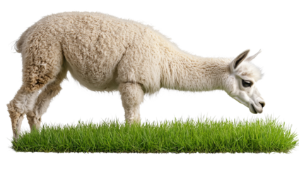 PNG of A fluffy white llama grazing on vibrant green grass in a serene setting.