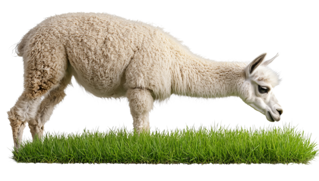 PNG of A fluffy white llama grazing on vibrant green grass in a serene setting.