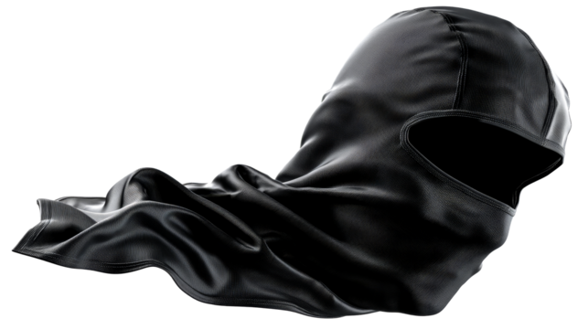Black ski mask floating in the air with a transparent background