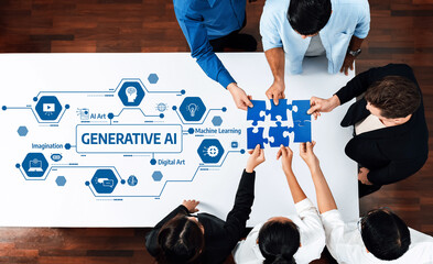 A diverse group of professionals collaborates on a table, connecting puzzle pieces while exploring...