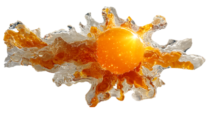 A vibrant abstract sphere of orange light bursts from the centre of a dynamic, translucent form, creating an ethereal, futuristic composition.