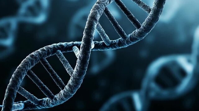 Abstract DNA molecule helix structure illustration on a blue gradient background. Concept of gene sequencing, science, and genetic engineering research.