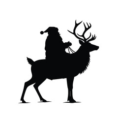 Black Silhouette Of Santa Claus Riding A Reindeer Isolated On White Background