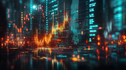 Obraz premium Futuristic Financial Market with Digital Graphs and Coins, Futuristic financial market scene with digital graphs and stacks of coins