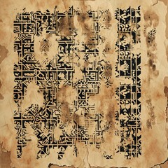 Fototapeta premium A typographic design where foreign code characters form intricate patterns, resembling ancient scripts on a weathered parchment. The design combines a sense of technological complexity 
