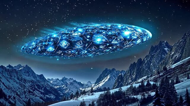 Alien craft over snowy mountains at night