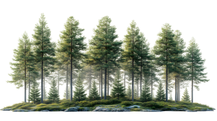 Cluster of tall woodland trees, realistic depth, isolated on white background
