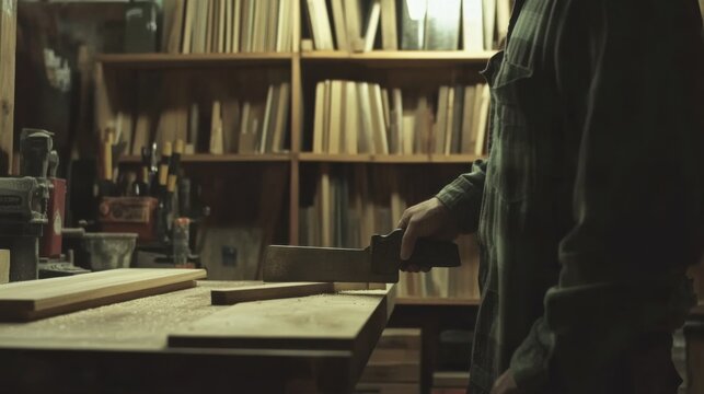 Carpenter cutting wood for a custom bookshelf project. Featuring woodworking and carpentry skills