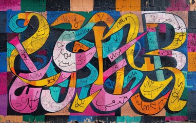 Obraz premium A vibrant and edgy piece of graffiti calligraphy on an urban wall, blending traditional calligraphic techniques with modern street art. The bold, colorful letters and intricate designs make the piece 