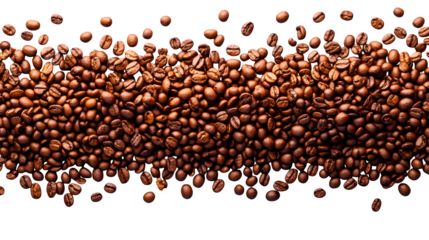 Coffee beans scattered top view isolated on white background