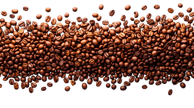 Coffee beans scattered top view isolated on white background