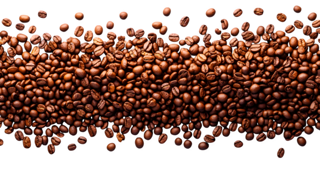 Coffee beans scattered top view isolated on white background