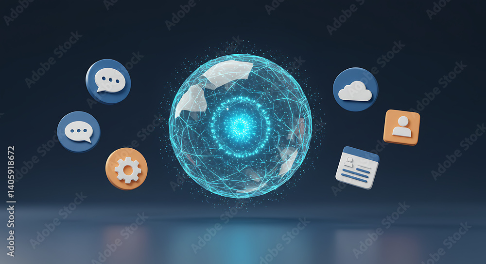 Poster tech sphere with cloud, chat, settings, user profile, and contact icons floating in space to represe