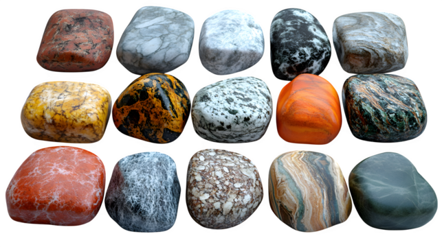 Collection of small rocks, realistic and isolated on white background