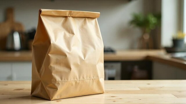 Brown paper lunch bag with folded top sitting on wooden table, natural light, home kitchen setting, concept of eco-friendly food packaging