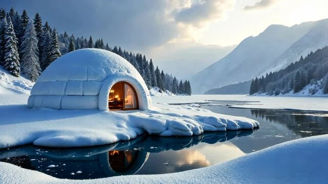 Snow-covered igloo with warm light inside, set by a frozen lake, surrounded by pine trees and snowy mountains, concept of winter retreat