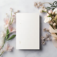 blank note paper with flowers on wooden background