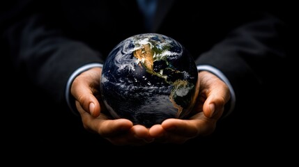 Businessman holding a globe, connected by dynamic digital data streams, representing global business connectivity.