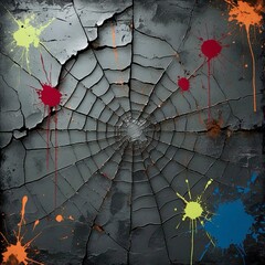 A cracked, gray surface with a spiderweb pattern and colorful paint splatters.
