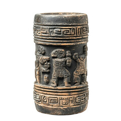 Ancient cylindrical vessel with carved figures and geometric patterns a cultural artifact