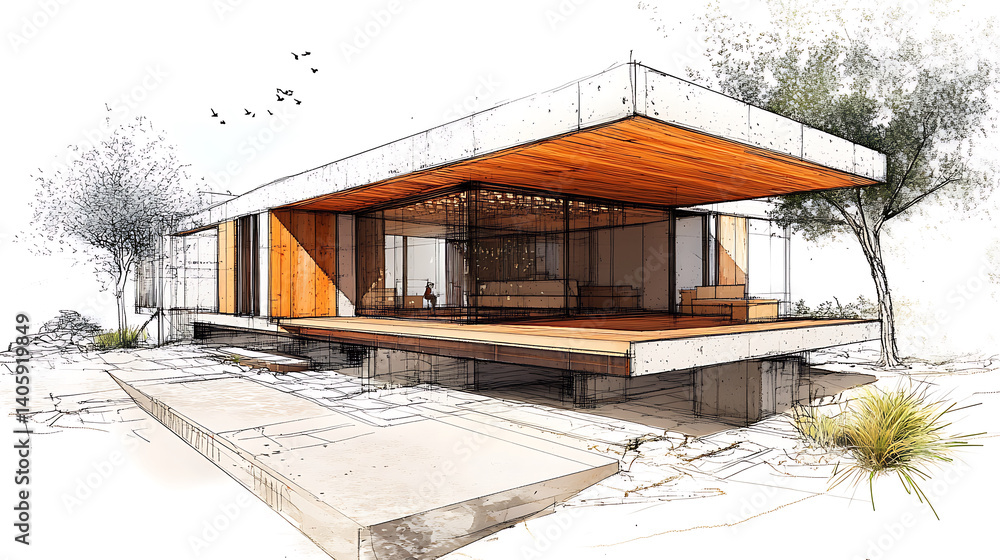 Poster modern architectural design features sleek structure with flat roof, large windows, and blend of con