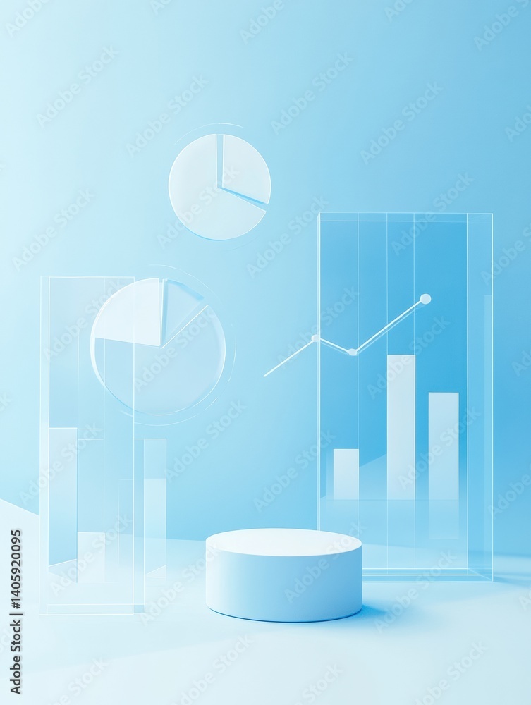 Aufkleber floating transparent pie and bar charts over a light blue background representing minimal business d