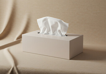 Tissue box mockup white facial tissues paper handkerchiefs on beige cloth