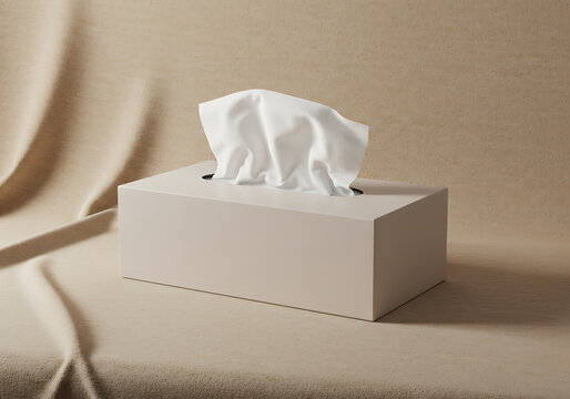 Tissue box mockup white facial tissues paper handkerchiefs on beige cloth