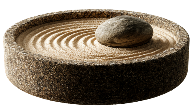 Zen garden with stone and raked sand in serene design