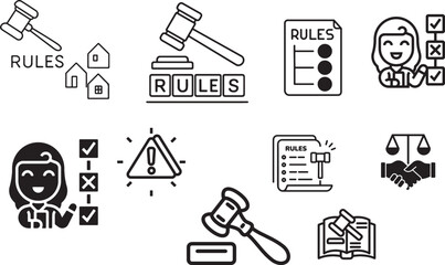 rules icon, law icon, gavel icon, legal document, regulation icon, compliance icon, checklist icon, rulebook, justice icon, policy icon, legal system, legal agreement, court gavel, law and order, guid