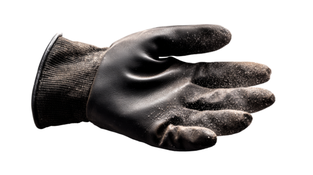 Black glove with dust resting on a flat surface