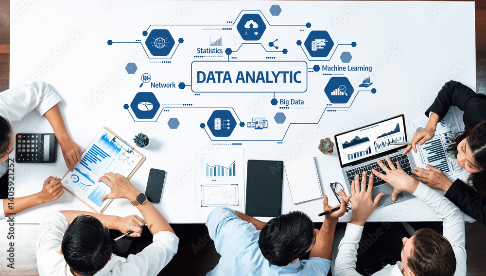Poster Dynamic workspace showcasing collaboration in data analytics with technology devices and visual data representation. Ideal for business and tech-related themes. Amity