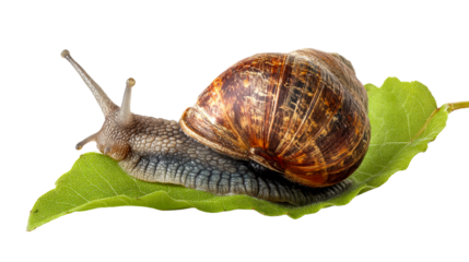 Snail resting on green leaf with transparent background