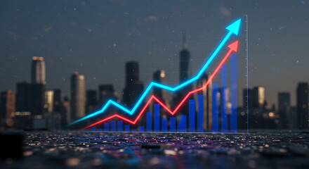Financial Growth Visualization: Upward-trending data graphs & rising bars against a city backdrop, symbolizing economic progress.