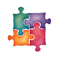 Obraz premium Four vibrant watercolor puzzle pieces perfectly interlocked, symbolizing unity, teamwork, and collaborative problem-solving.