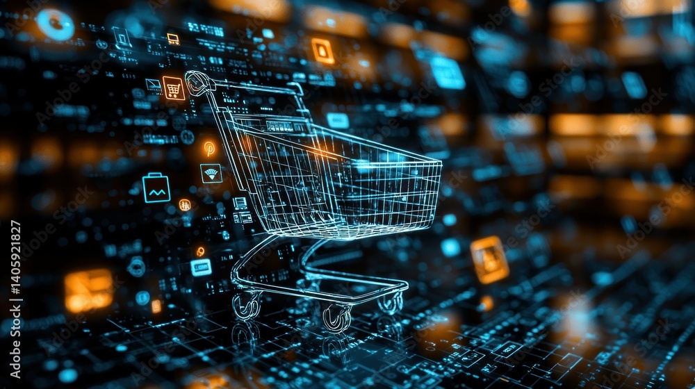 Poster digital shopping cart, abstract representation of e-commerce. a wireframe shopping cart is superimpo