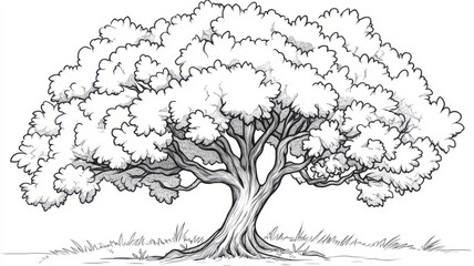 Fototapeta premium Black and white sketch of a large tree with detailed foliage.