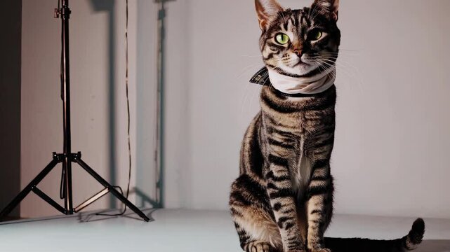 Cat posing confidently against a studio background  