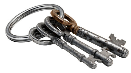 Set of vintage keys on a keyring with a transparent background
