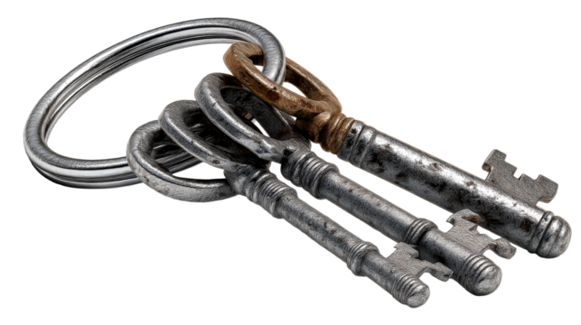 Set of vintage keys on a keyring with a transparent background