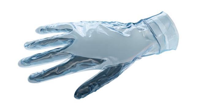 Clear disposable glove resting on a flat surface for various uses