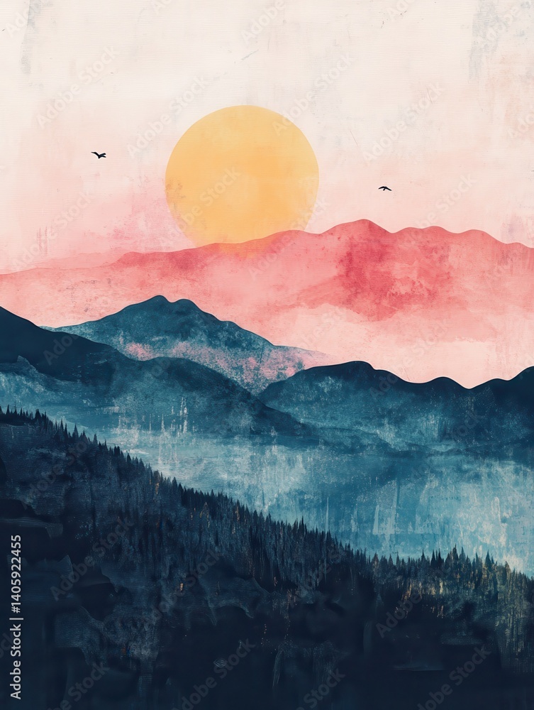 Poster minimal abstract landscape background vector. mountain background with watercolor texture . vector a