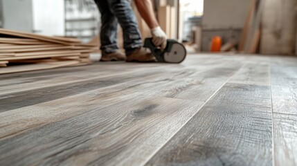 Carpenter cutting wooden planks for flooring installation. Featuring wood cutting and flooring