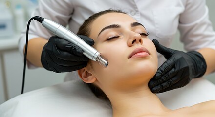 Close up of a young woman receiving a microneedling treatment at a modern spa Her eyes are closed peacefully as a specialist uses the device on her face