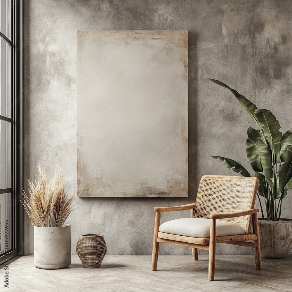 Poster canvas mockup in minimalist interior background with armchair and rustic decor.front view. 3d render