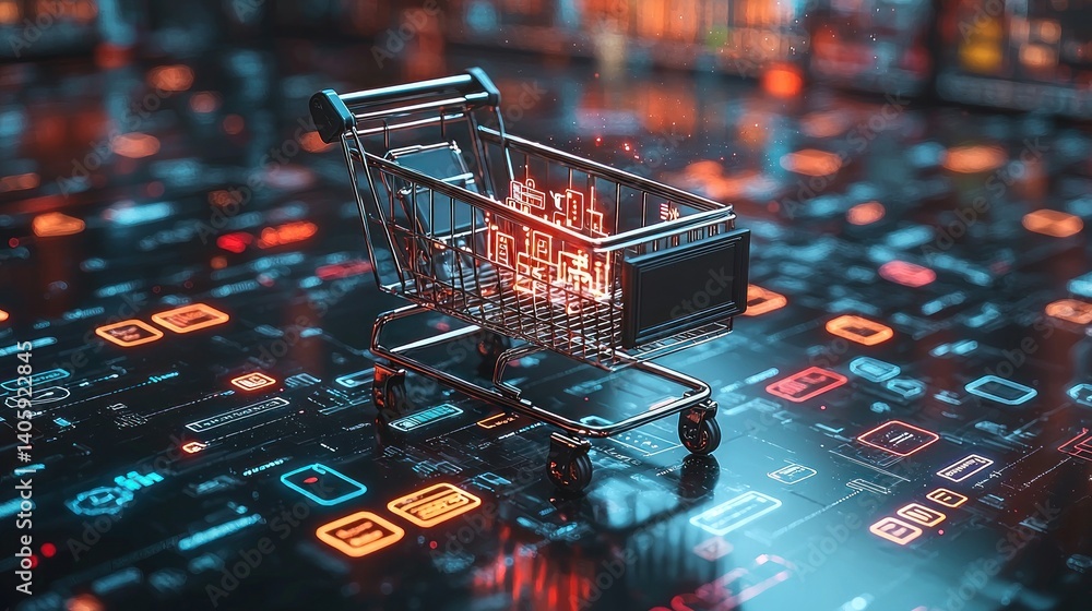 Poster digital shopping cart on a futuristic interface. a small shopping cart sits atop a glowing, interact