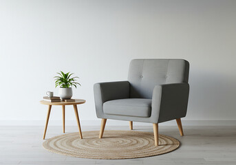 Modern living room design with gray armchair and round jute rug decor